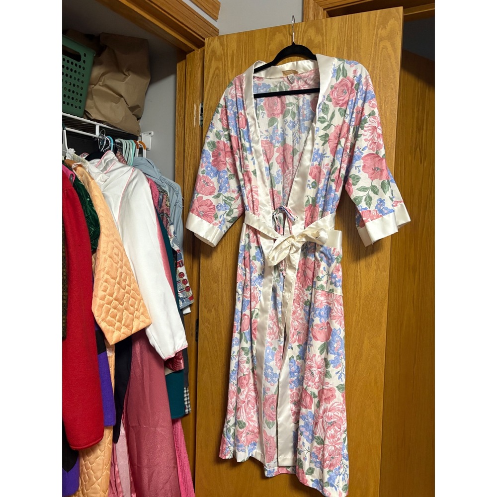 Vintage Floral Robe Satin Trimmed Loungewear Belted Pockets Women's Large L - Picture 2 of 11